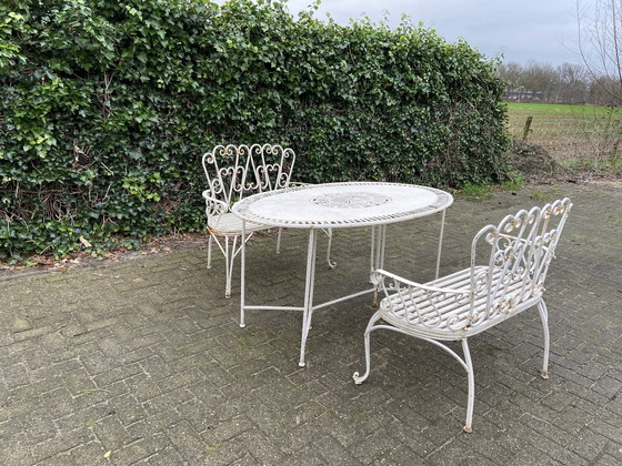 Image 1 of Set Of 2 Iron Garden Benches And Oval Garden Table, White