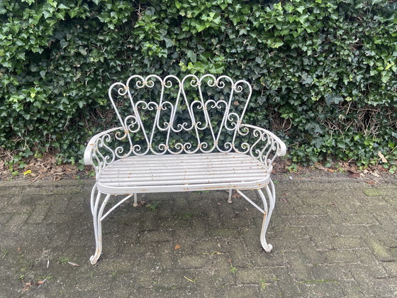 Image 1 of Set Of 2 Iron Garden Benches And Oval Garden Table, White