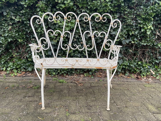 Image 1 of Set Of 2 Iron Garden Benches And Oval Garden Table, White