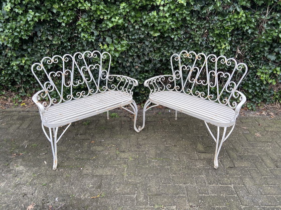 Image 1 of Set Of 2 Iron Garden Benches And Oval Garden Table, White