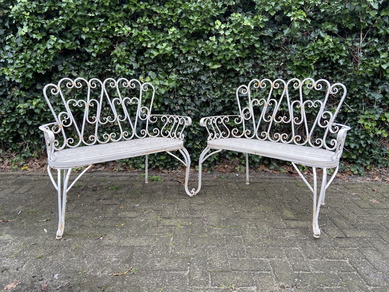 Image 1 of Set Of 2 Iron Garden Benches And Oval Garden Table, White