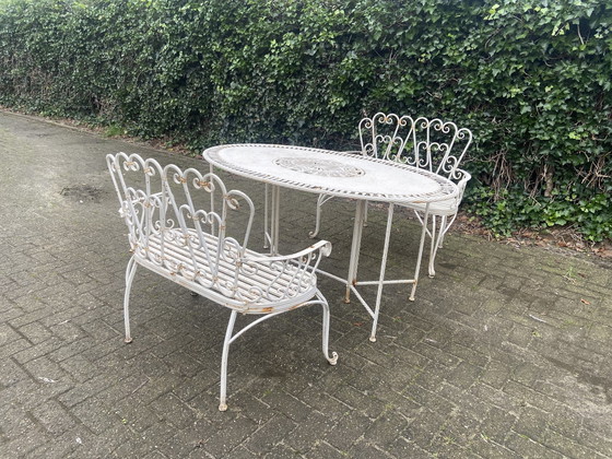 Image 1 of Set Of 2 Iron Garden Benches And Oval Garden Table, White