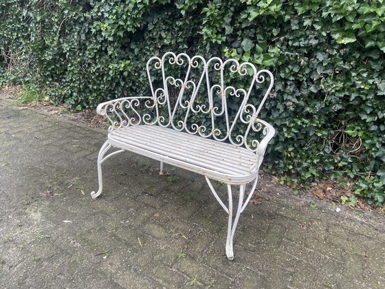 Image 1 of Set Of 2 Iron Garden Benches And Oval Garden Table, White