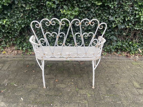 Image 1 of Set Of 2 Iron Garden Benches And Oval Garden Table, White