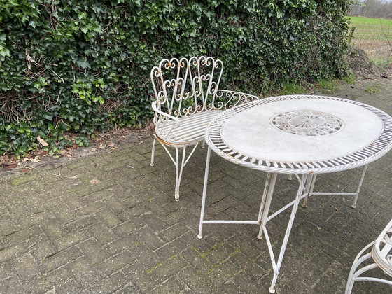 Image 1 of Set Of 2 Iron Garden Benches And Oval Garden Table, White