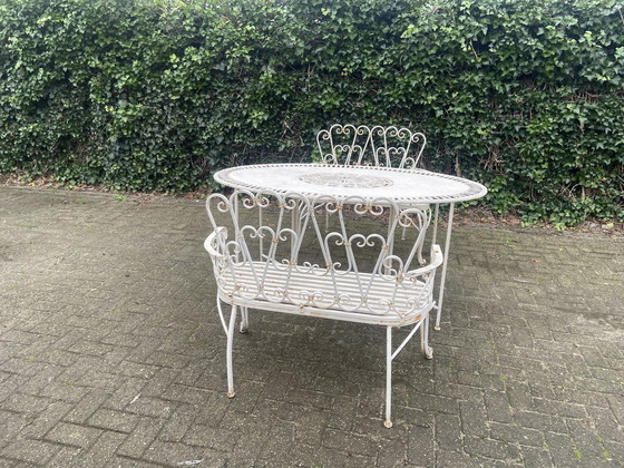 Image 1 of Set Of 2 Iron Garden Benches And Oval Garden Table, White