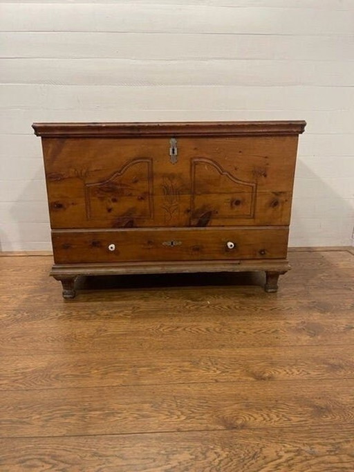 19th-century hardwood carved/carved blanket chest with drawer ca 1870