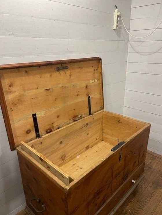 Image 1 of 19th-century hardwood carved/carved blanket chest with drawer ca 1870