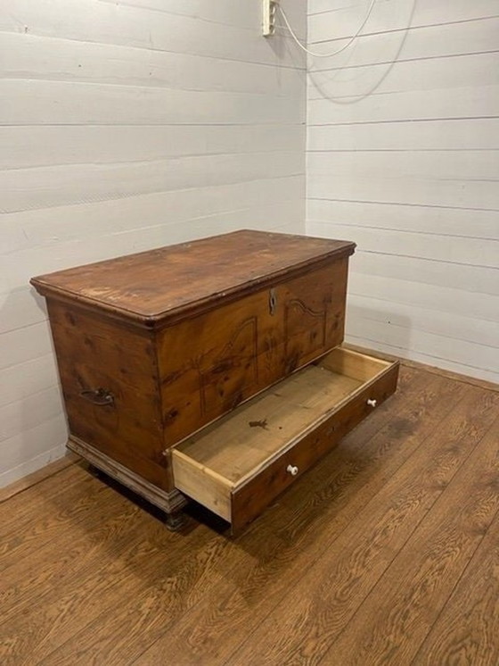 Image 1 of 19th-century hardwood carved/carved blanket chest with drawer ca 1870