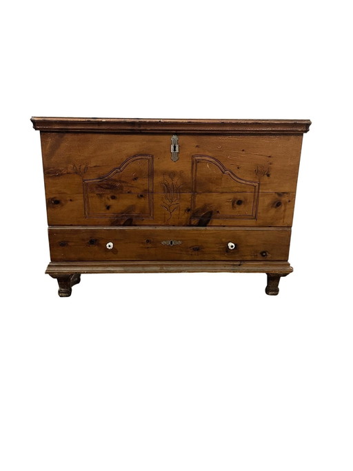 19th-century hardwood carved/carved blanket chest with drawer ca 1870