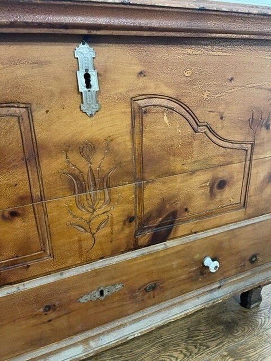 Image 1 of 19th-century hardwood carved/carved blanket chest with drawer ca 1870