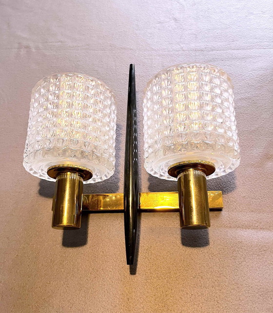 Image 1 of 2x Mid-Century Brass & Crystal wall lights