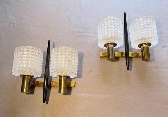 Image 1 of 2x Mid-Century Brass & Crystal wall lights