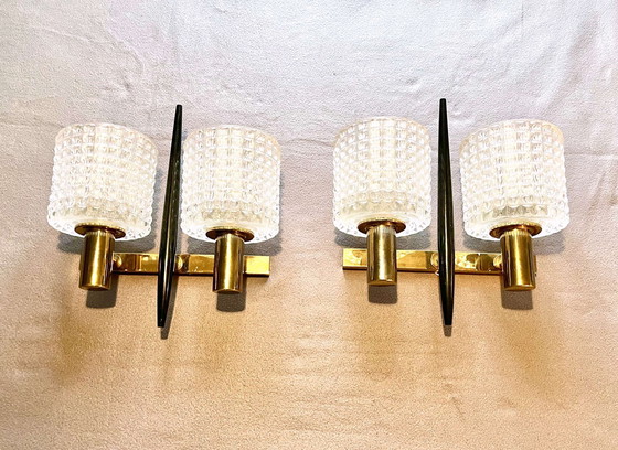 Image 1 of 2x Mid-Century Brass & Crystal wall lights