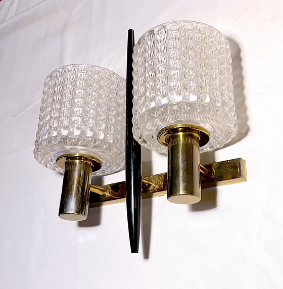 Image 1 of 2x Mid-Century Brass & Crystal wall lights