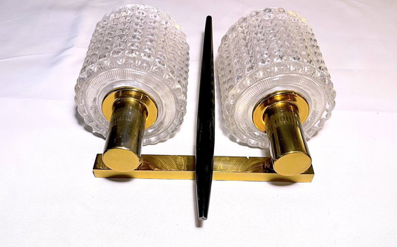 Image 1 of 2x Mid-Century Brass & Crystal wall lights