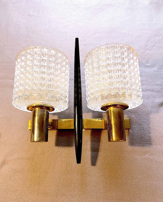 Image 1 of 2x Mid-Century Brass & Crystal wall lights