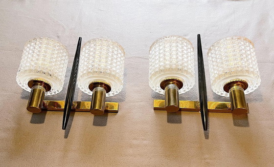 Image 1 of 2x Mid-Century Brass & Crystal wall lights