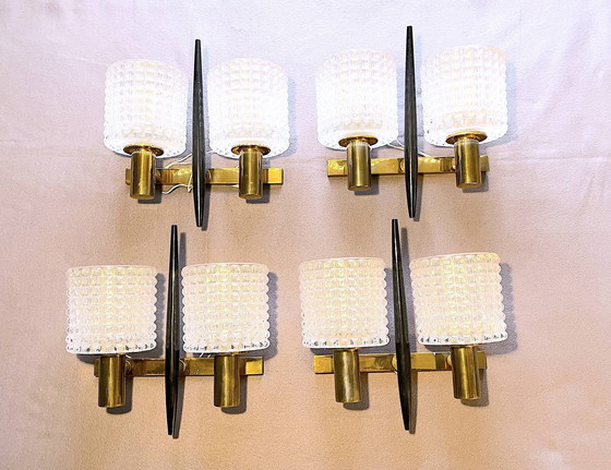 Image 1 of 2x Mid-Century Brass & Crystal wall lights