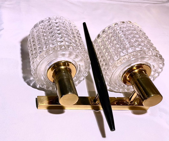 Image 1 of 2x Mid-Century Brass & Crystal wall lights