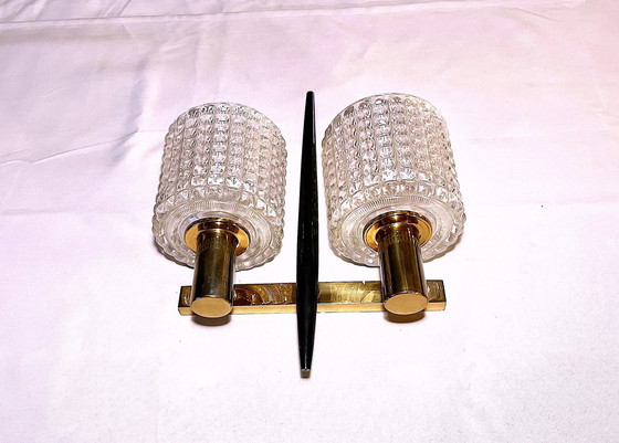 Image 1 of 2x Mid-Century Brass & Crystal wall lights