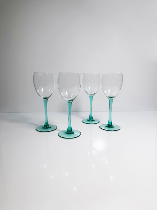 4 Vintage Luminarc Wine Glasses Turquoise Emerald 80s Art Deco Champagne