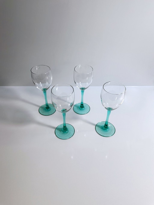 4 Vintage Luminarc Wine Glasses Turquoise Emerald 80s Art Deco Champagne