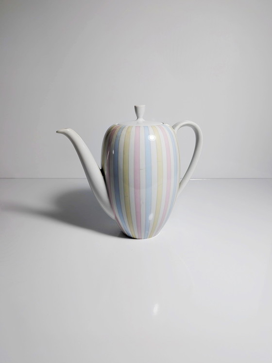 Image 1 of Vintage 50s coffee tea pot Eschenbach stripes pastel pink baby blue yellow 1950s porcelain