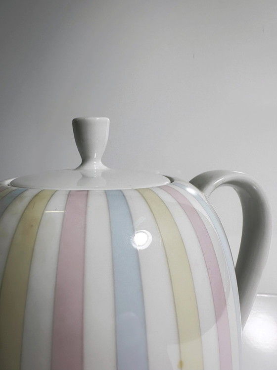 Image 1 of Vintage 50s coffee tea pot Eschenbach stripes pastel pink baby blue yellow 1950s porcelain