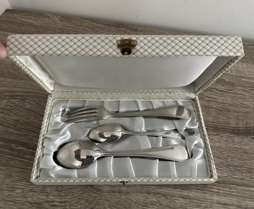 3 pieces of silver-plated pearl birth cutlery, hallmarked