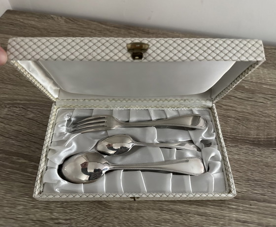 Image 1 of 3 pieces of silver-plated pearl birth cutlery, hallmarked