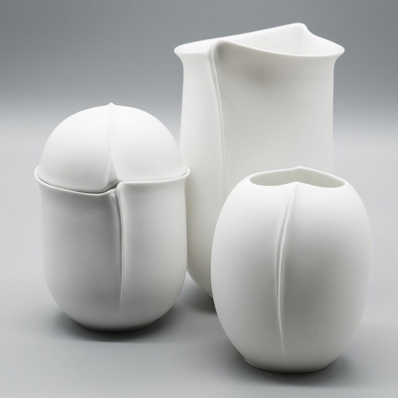 Image 1 of Hutschenreuther Bisque Porcelain Vase Trio Fine White Matte Mcm Eggshell Shaped