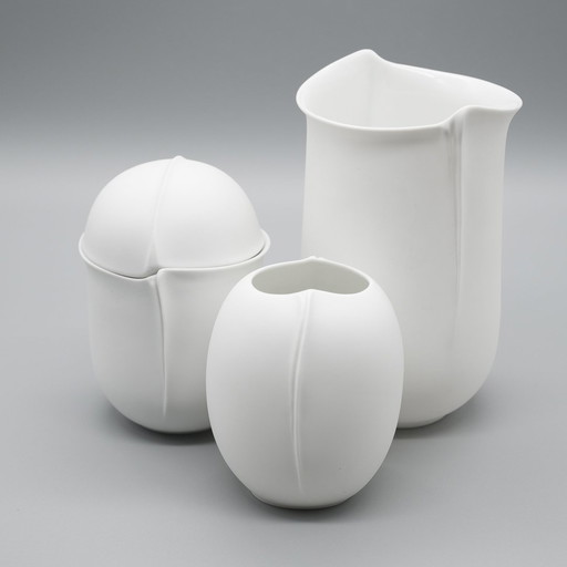 Hutschenreuther Bisque Porcelain Vase Trio Fine White Matte Mcm Eggshell Shaped