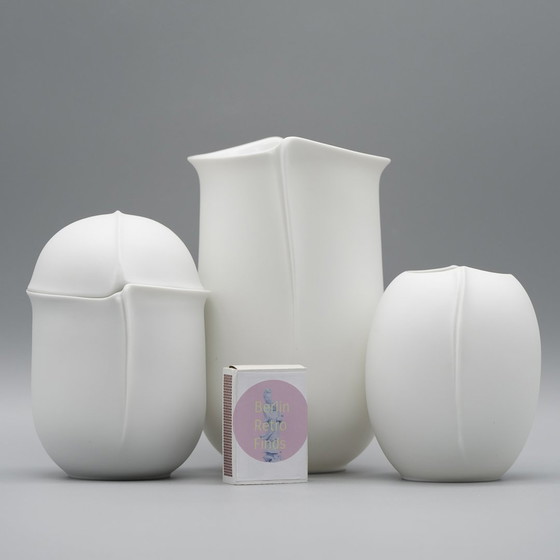 Image 1 of Hutschenreuther Bisque Porcelain Vase Trio Fine White Matte Mcm Eggshell Shaped