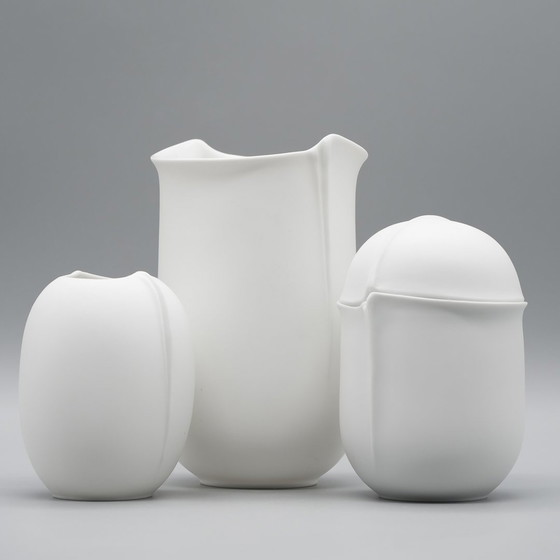 Image 1 of Hutschenreuther Bisque Porcelain Vase Trio Fine White Matte Mcm Eggshell Shaped