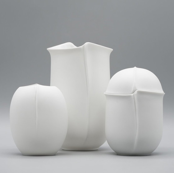 Image 1 of Hutschenreuther Bisque Porcelain Vase Trio Fine White Matte Mcm Eggshell Shaped