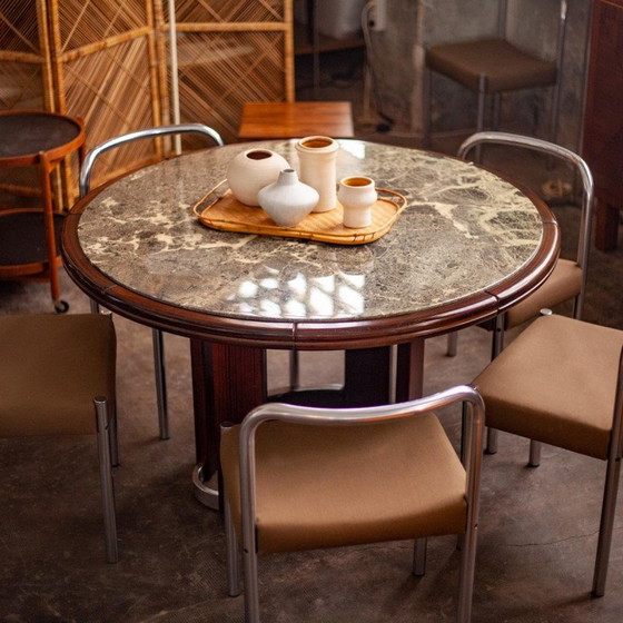 Image 1 of Brutalist vintage marble and rosewood dining table, France 1970s