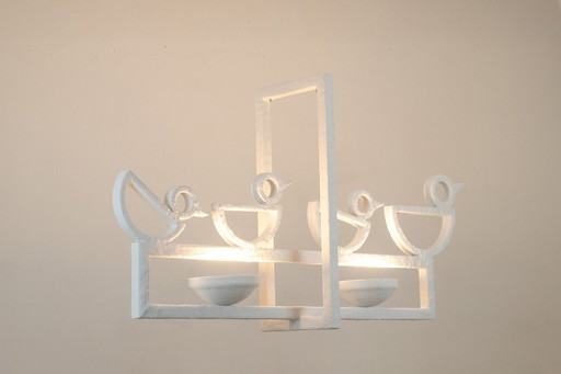 Rectangular Shaped Plaster Chandelier With Birds.