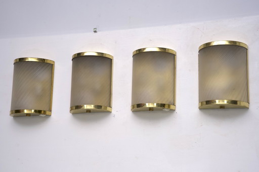 Rare Set Of Four Valentino Brass And Etched Glass Wall Sconces, Italy 1980S