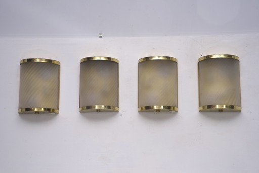 Rare Set Of Four Valentino Brass And Etched Glass Wall Sconces, Italy 1980S