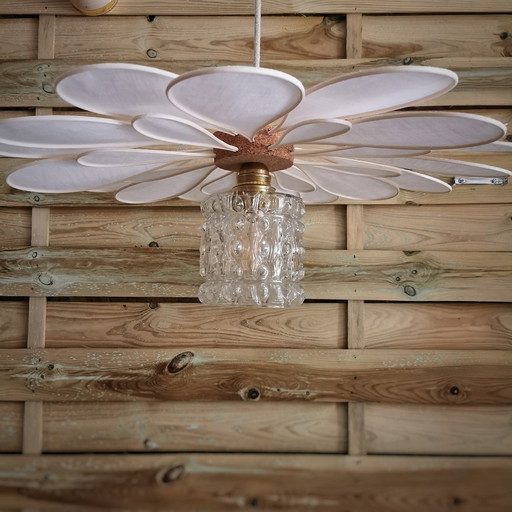 24 Petals Rattan And Linen Flower Hanging + Vintage Glass Globe