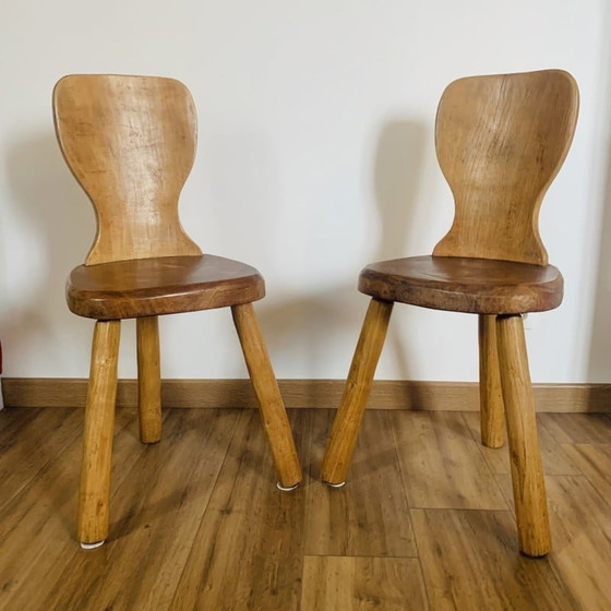 Image 1 of Pair of vintage brutalist tripod chairs in solid wood