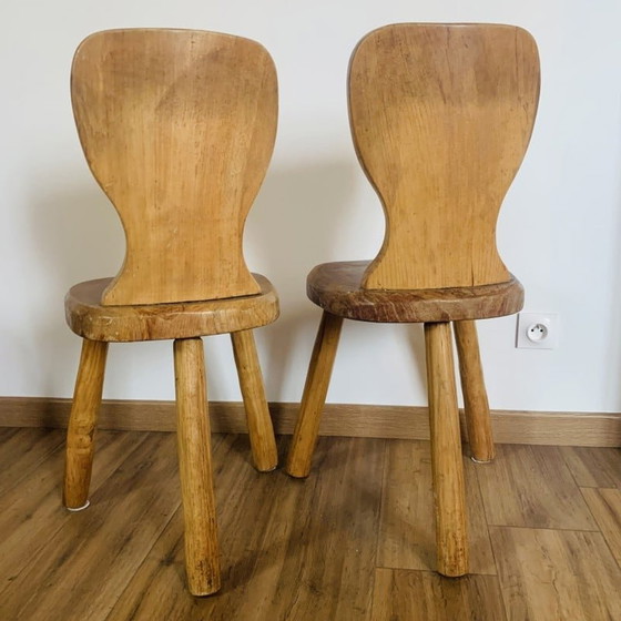 Image 1 of Pair of vintage brutalist tripod chairs in solid wood