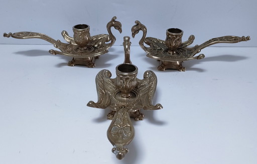 Three Brass Peacock Candleholders 60s