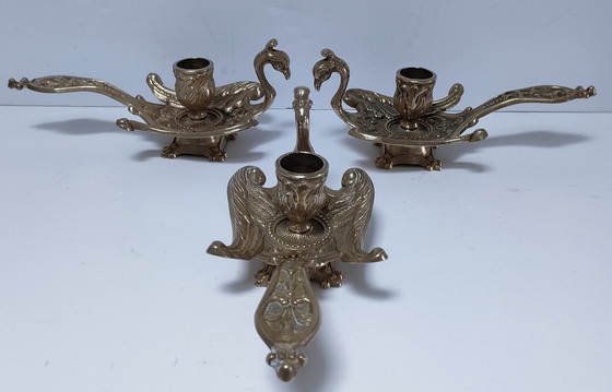 Image 1 of Three Brass Peacock Candleholders 60s