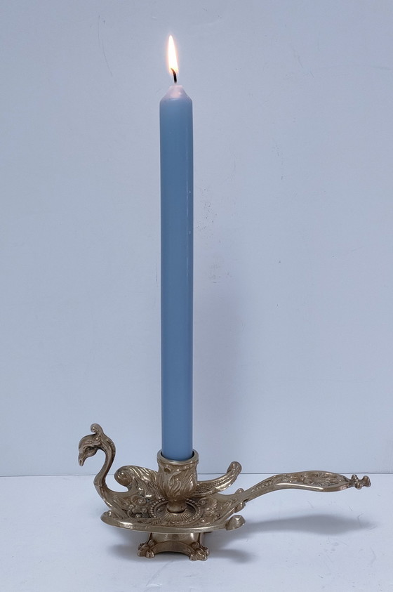 Image 1 of Three Brass Peacock Candleholders 60s