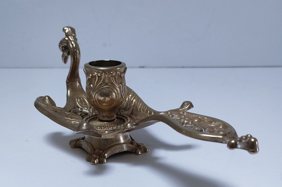 Image 1 of Three Brass Peacock Candleholders 60s