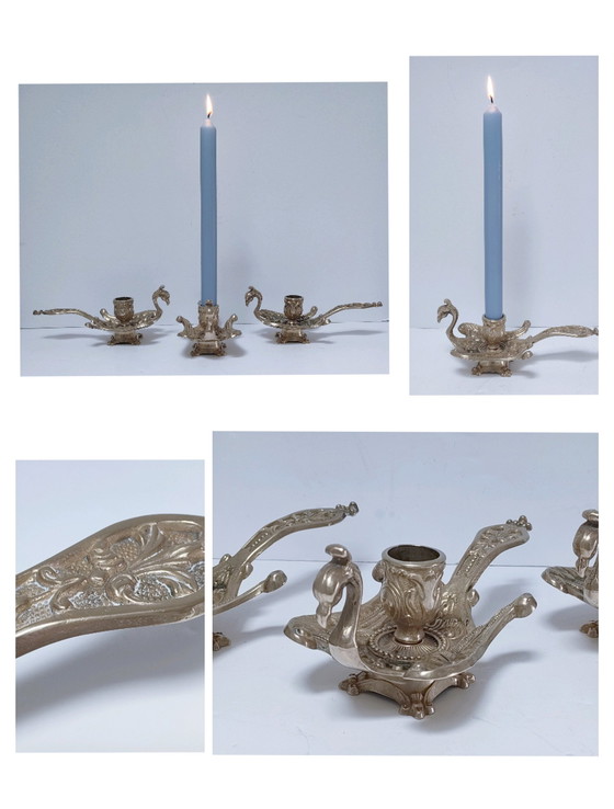 Image 1 of Three Brass Peacock Candleholders 60s