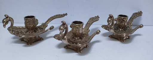 Three Brass Peacock Candleholders 60s