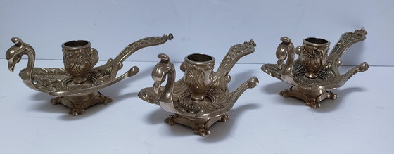 Image 1 of Three Brass Peacock Candleholders 60s